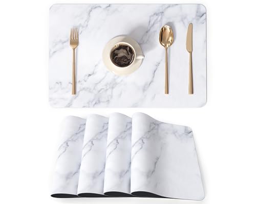 QIYI Placemats Set of 4, 12x18 Inch Faux Leather Place Mats for Kitchen Dinning, Heat Resistant Anti Slip Table Mats, Waterproof Wipeable Washable Placemat Party Table Décor, White Marble - color: White Marble, size: Set of 4