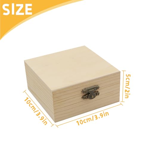 4 PCS Unfinished Wood Box for Crafts Small Wooden Square Box with Hinged Lids and Front Clasps Wooden Storage Box for DIY Arts Party Favor Jewelry Box, 3.9 x 3.9 x 2 Inch