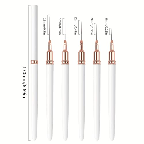 5PCS Liner Brushes for Nails, Nail Art Liner Brushes Set, 6/9/12/15/18mm Thin Detail Brush for Long Lines & Fine Drawing, UV Gel Polish Painting Nail Design Tools- White - color: White