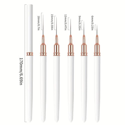 5PCS Liner Brushes for Nails, Nail Art Liner Brushes Set, 6/9/12/15/18mm Thin Detail Brush for Long Lines & Fine Drawing, UV Gel Polish Painting Nail Design Tools- White - color: White
