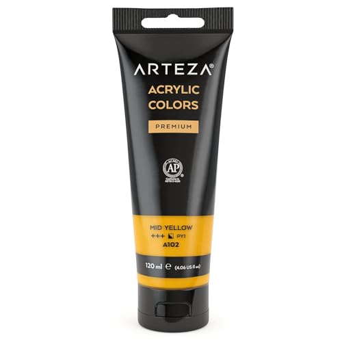 ARTEZA Acrylic Paint Mid Yellow Color (120 ml Pouch, Tube), Rich Pigment, Non Fading, Non Toxic, Single Color Paint for Artists and Hobby Painters - color: Mid Yellow A121, size: 4.06 Fl Oz (Pack of 1)