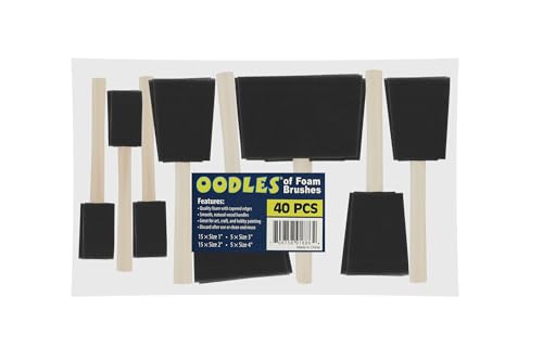 Oodles of Brushes Foam Brush Set - 40 Assorted Sponge Brushes, 1" to 4" Sizes for Craft Paint, Staining, Art, and Hobby Projects - Tapered Foam Edges, Natural Wood Handles - Reusable or Disposable