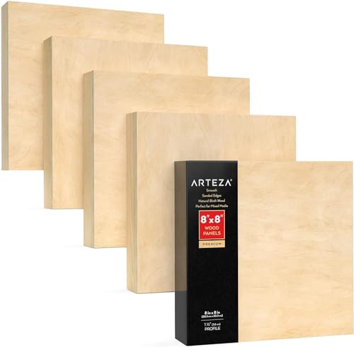 Arteza Wooden Canvas Board, 8x8 Inch, Pack of 5, Birch Wood, Cradled Artist Wood Panels for Painting, Encaustic Art, Wood Burning, Pouring, Use with Oils, Acrylics - size: 8x8 Inch