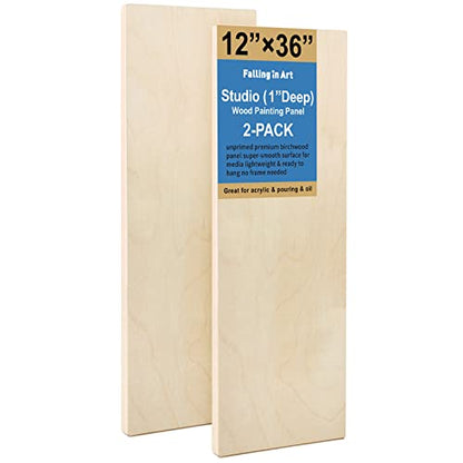 Falling in Art Unfinished Birch Wood Panels Kit for Painting, Wooden Canvas 2 Pack of 12x36’’ Studio 1’’ Deep, Cradle Boards for Pouring, Art, Crafts, Burning and More - size: 12'' x 36''