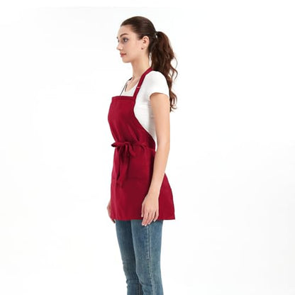 Aprons for Women with 3 Pockets, Cooking Apron with Waterproof Coating, Chef Apron Adjustable Neck Strap - color: Red, 2 Pack