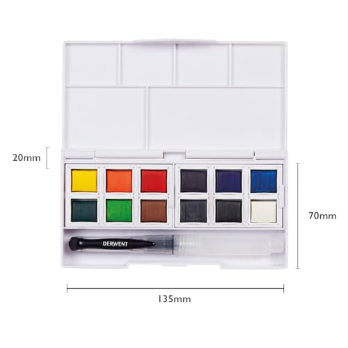 Derwent Watercolour Paint Pan 12 Set, Set of 12, Half Pan Size, Water-Soluble, Ideal for Painting, Professional Quality, Travel Size, 2306323