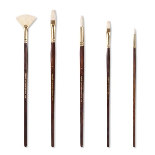 rubens Oil Paint Brush Set, 5 Pcs Natural Hog Bristle Paint Brushes | Professional Long Wooden Handles Artist Series Brushes with Fan, Flat, Round for Oil Acrylic Painting - size: Round 2,6, Filbert 4, Flat 6, Fan 4