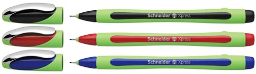 Schneider Xpress Premium Fineliner, 0.8 mm Porous Point, Light Green Barrel, Assorted Ink Colors, Pack of 3 Pens: Black, Blue, Red (190093) - color: Black, Blue, Red