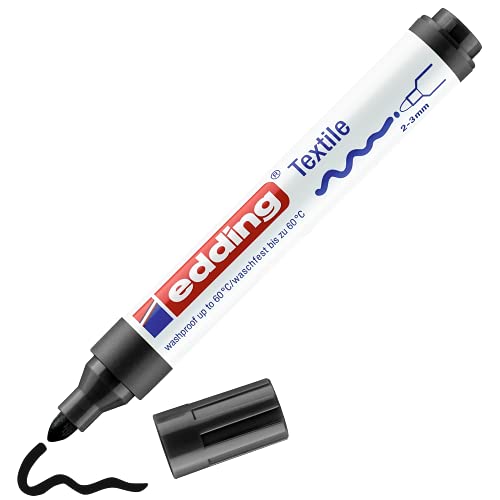 edding 4500 Textile Marker - Black - 1 Pen - Round Nib 2-3 mm - Permanent Fabric Markers for Drawing on Textiles, wash-Resistant up to 60 °C - Marker pens for Fabric Lettering - color: Black, size: 1 Count (Pack of 1)
