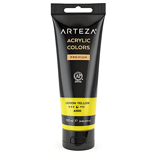 ARTEZA Acrylic Paint, Lemon Yellow Color, (120 ml Pouch, Tube), Rich Pigment, Non Fading, Non Toxic, Single Color Paint for Artists & Hobby Painters - color: Lemon Yellow A102, size: 4.06 Fl Oz (Pack of 1)