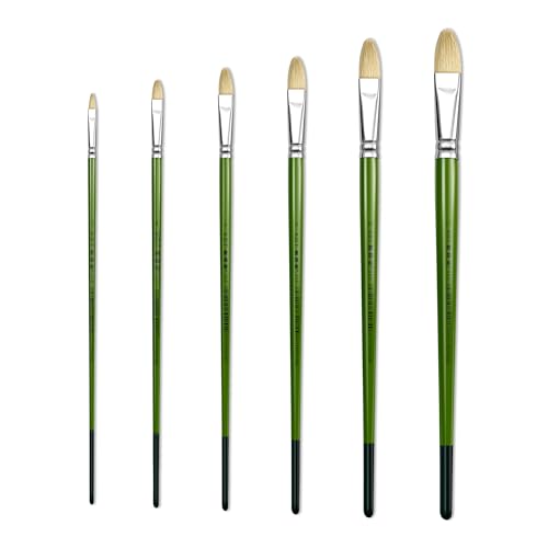 XDT#515 Filbert Artist Paint Brush 6 Piece Set Medium Stiff Hog Bristle Extra Long Handle #2#4#6#8#10#12, Acrylic Oil Watercolor - size: Filbert Hog Bristle 6Pc