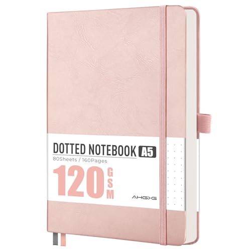 AHGXG Dotted Journal Notebook, 160 Numbered Pages, A5 Medium Size (5.7'' x 8.3''), 120 GSM Thick Paper, Leather Hardcover, for Journaling, Planning, Tracking (Rose Gold) - color: Rose Gold, style: Dotted