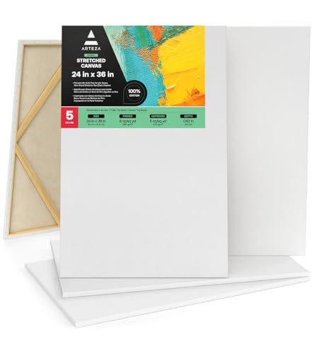 ARTEZA Stretched Canvas, 24 x 36 Inches, Pack of 5, Blank White Large Canvas for Painting for Acrylic, Oil and Gouache Paints - color: White - Classic, size: 24 x 36 (Pack of 5)
