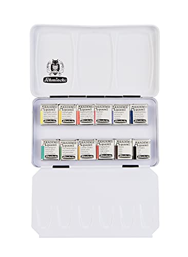Schmincke - AKADEMIE®AQUARELL Watercolor Compact Color Box, Basic Assortment 12 x 1/2 Pans, 75 112 097, Metal Box, Highly lightfast Colors, fine Artists' Watercolors