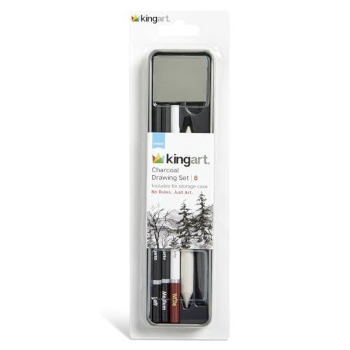 KINGART 8-Piece Charcoal Drawing and Sketching Set with Metal Tin – Includes Soft & Medium Charcoal Pencils, White Pastel Pencil, Blending Stump & Kneaded Eraser