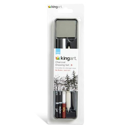 KINGART 8-Piece Charcoal Drawing and Sketching Set with Metal Tin – Includes Soft & Medium Charcoal Pencils, White Pastel Pencil, Blending Stump & Kneaded Eraser