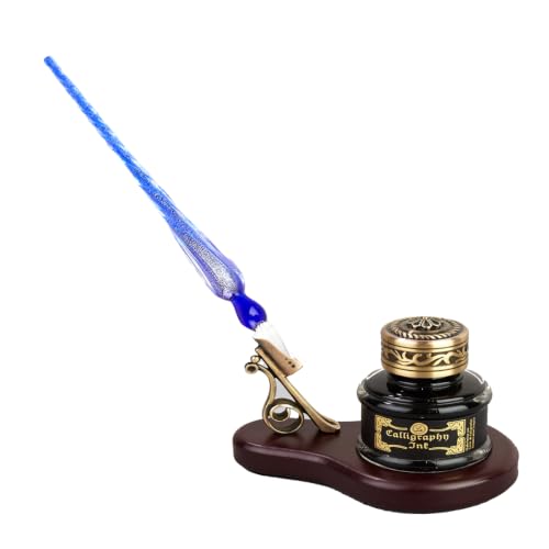 Nostalgic Impressions Glass Dip Pen and Ink Desk Set – Oval Wood Stand with Bronze Holder and Glass Inkwell – Hand-Blown Murano Style Calligraphy Pen with 40ml Black Ink -Blue Shimmer N3600BXSTMUBL