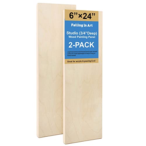 Falling in Art Unfinished Birch Wood Panels Kit for Painting, Wooden Canvas 2 Pack of 6x24 Studio 3/4" Deep, Cradle Boards for Pouring, Art, Crafts, Burning and More - size: 6'' x 24''