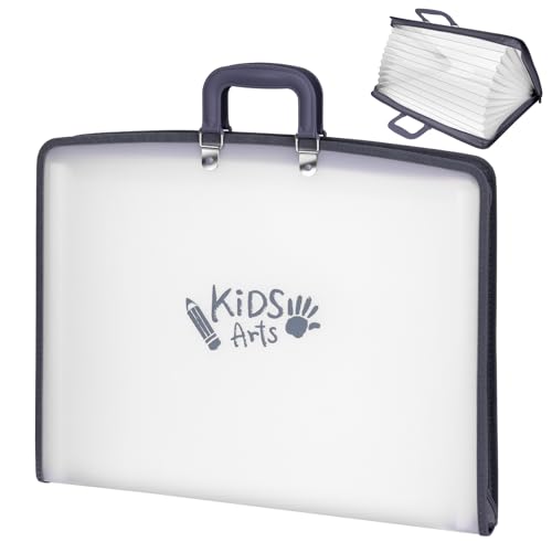 11x17 Kids Art Portfolio - Accordian File Organizer with 13 Pockets, Art Portfolio for Kids with Handle and Zipper Closure - Oxford Cloth, Frosted Translucent Artwork Folder for Children - 1 Pack - color: Grey