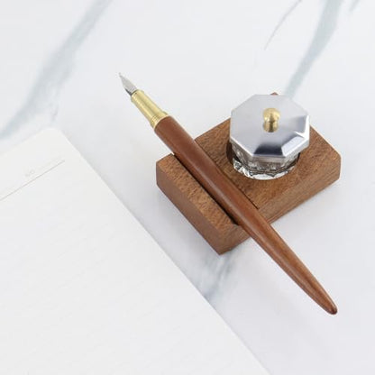 Crapyt Ink Well for Dip Pen Calligraphy Holder Dip Pen Holder Wood Desktop Pen Holder Calligraphy Oblique Nib Holder 2.83"×2.01"×0.79" Pen Rest