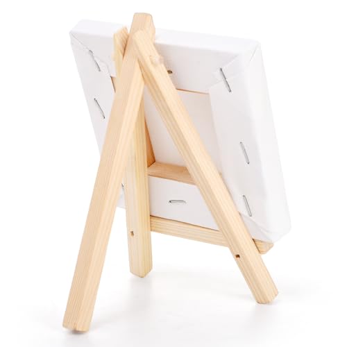Tosnail 24 Pack 4" x 4" Mini Canvas and Easel Set, Small Art Easel Stand with Canvas Set, Tabletop Wooden Display Stand and Canvas Panels for Artist, Students, Adults, Kids Painting