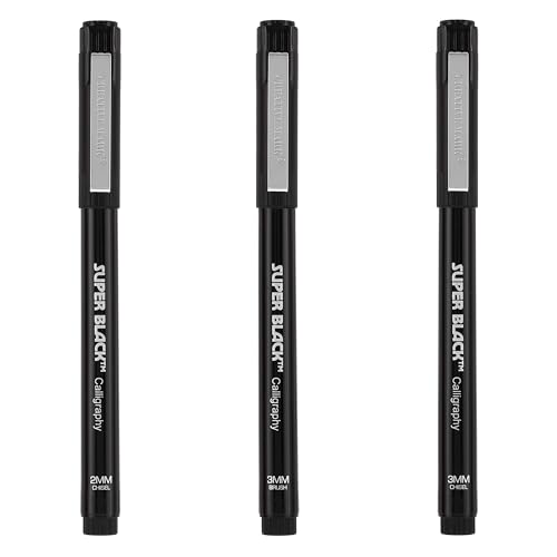 Creative Mark Calligraphy & Fineliner Pen Set of 3 Lettering & Calligraphy Drawing - Super Black, Permanent, Waterproof, & Acid-Free Chisel Nylon-Nibs Pens & Medium Brush Tip