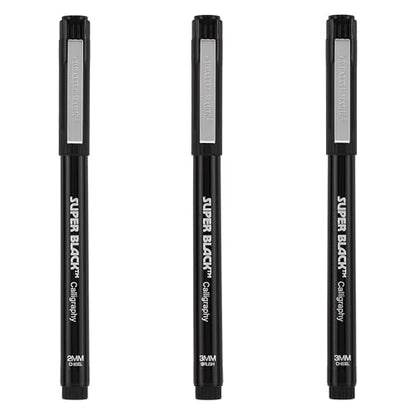 Creative Mark Calligraphy & Fineliner Pen Set of 3 Lettering & Calligraphy Drawing - Super Black, Permanent, Waterproof, & Acid-Free Chisel Nylon-Nibs Pens & Medium Brush Tip