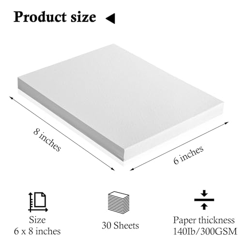 FEITAKE 100% Cotton Watercolor Paper Cold-Press / 140lb (300gsm) / Acid Free Mixed Media Art Drawing Papers - 30Sheets Pack - 6"X8" - color: 6 x 8 Inches