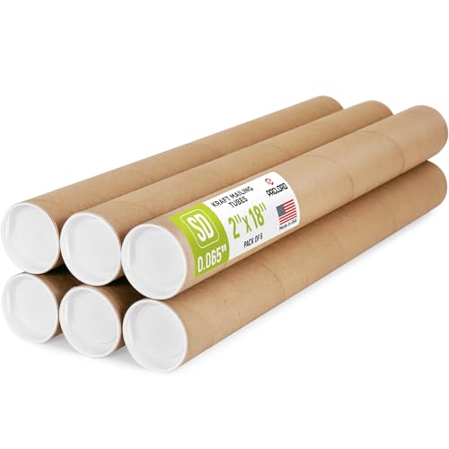 2" x 18" Reinforced Kraft Paper Mailing Tube, Pack of 6 Tubes with 12 Caps – Secure USPS Approved Poster Tube – Made in USA Cardboard Tube for Shipping and Storing Posters, Prints, Artwork - color: Standard-Duty, size: 2" x 18"