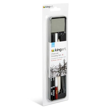 KINGART 8-Piece Charcoal Drawing and Sketching Set with Metal Tin – Includes Soft & Medium Charcoal Pencils, White Pastel Pencil, Blending Stump & Kneaded Eraser