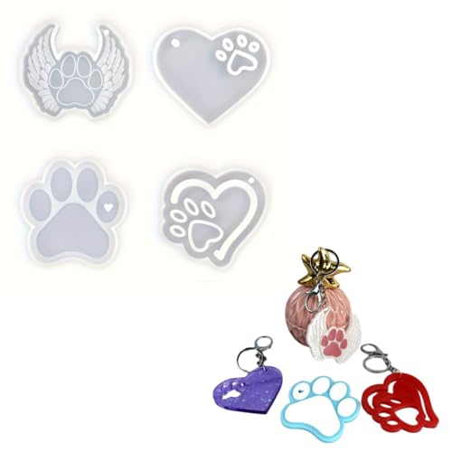 Pet Paw Keychain Resin Molds, 4-Piece Set with Heart and Angel Wing Designs, Silicone Molds for DIY Keychains, Epoxy Resin Silicone Molds