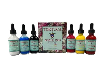 Tortuga Acrylic Inks LLC - Tortuga Base - Collection of 4 Process Colors and 2 Specialty Colors 6-2 oz. Bottles Made in USA