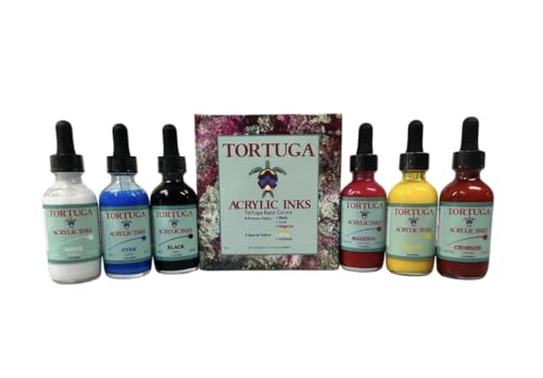 Tortuga Acrylic Inks LLC - Tortuga Base - Collection of 4 Process Colors and 2 Specialty Colors 6-2 oz. Bottles Made in USA