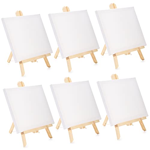Tosnail 6 Packs 8" x 10" Canvas and Easel Set, Art Easel Stand with Canvas Set Tabletop Wooden Display Stand and Canvas Panels for Artist, Students, Adults, Kids Painting