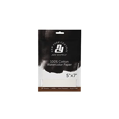 New York Central Watercolor Paper - 5x7-5 Packs of 10-50 Total Sheets, 140 lb. Hot Press - 100% Cotton, Acid-Free, Archival Quality, Bright White Watercolor Paper Pad for Wet & Dry Media - size: 5x7"