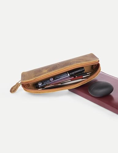 Leather Pencil Case -100% Leather Zippered Pen Pouch - Stationery Bag Pen Holder for Work & Office (Antique Brown 1) - color: Antique Brown 1
