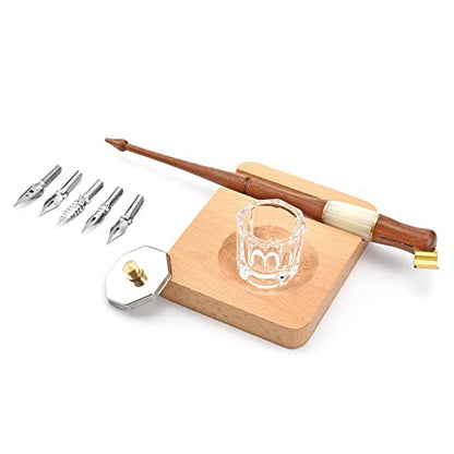 Yoption Wood Dip Pen Set, Calligraphy Oblique Nib Holder With Desktop Pen Holder, Ink Bottle Container and 5 Nibs Kit - color: Dip Pen Set