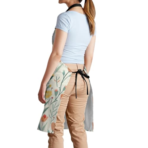 Cream Pastel Wildflower Art Waterproof Apron with Pockets | Garden Aprons for Men Women Adjustable Bib Apron for Cooking Kitchen Baking BBQ Painting Housework Oil Resistant - color: Rich Botanical Print