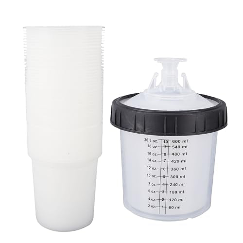 Paint Spray Cup Liners Lid System ABS Disposable Paint Spray Cup Set 20.3oz 600ml with 50 Liners 50 Filter Lids Leak Mixing for HVLP LVLP Painters
