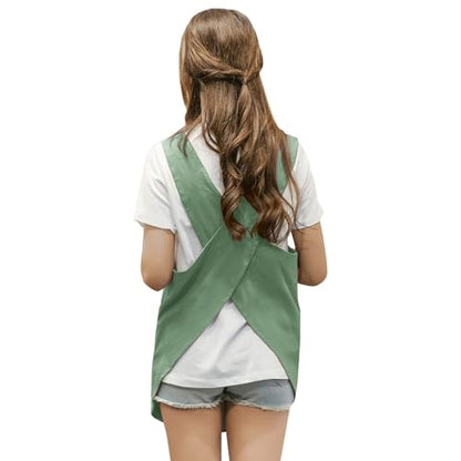 Shortened Design Apron, Japanese Style Soft Cotton Linen Apron with Two Side Pockets, X Cross Halter Aprons, Kitchen Cooking Clothes Gift for Women DIY Project, Crafting, Cooking, Baking(Mint Green) - color: Mint Green, style: 1# Style-rounded Edge