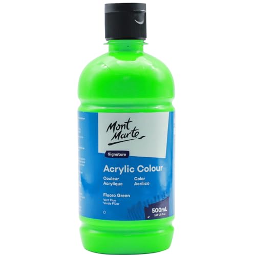 Mont Marte Signature Fluoro Green Acrylic Paint, 16.9oz (500ml), Semi-Matte Finish, 12 Colors, Suitable for Canvas, Wood, Fabric, Leather, Cardboard, Paper, MDF and Crafts - color: Fluoro Green, size: 16.9 Fl Oz (Pack of 1)