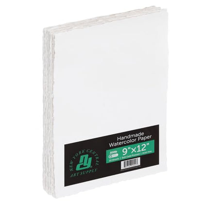 New York Central Handmade Watercolor Paper - 300lb, 9"X12" - 5 Packs of 5, 25 Total Sheets, Acid-Free 100% Cotton Rag, Cold Press, 4 Deckled Edges, Minimally Sized, Mixed Media Paper - size: 9X12"