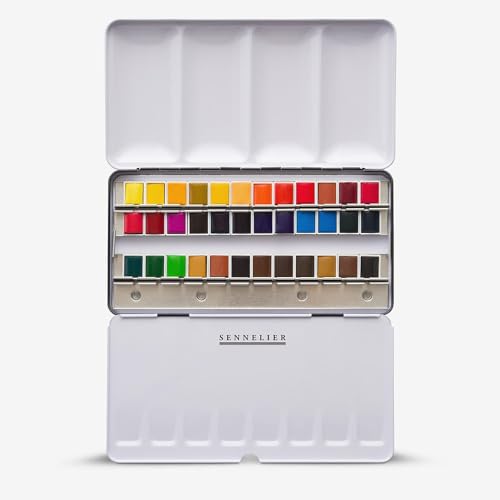 SENNELIER Aquarelle 36-Half-Pan Watercolor Set, Classic Metal Tin Palette with Built-In Mixing Areas – Professional French Watercolor Paints for Artists & Plein Air