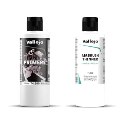 Vallejo - Bundle White Acrylic Surface Primer 200 ml (6.76 fl.oz.) + Airbrush Thinner for Acrylic Paints 200 ml. (6.76 fl.oz.)