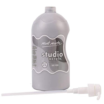Mont Marte Discovery School Acrylic, Silver, 1/2 Gallon (2 Liter). Ideal for Students and Artists. Excellent Coverage and Fast Drying. Pump Lid Included. - color: Silver