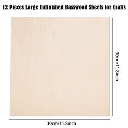 12 Pack Basswood Sheets for Crafts-12 x 12 x 1/8 Inch- 3mm Thick Plywood Sheets with Smooth Surfaces-Unfinished Squares Wood Boards for Laser Cutting, Wood Burning, Architectural Models, Staining - size: 12 x 12 inch