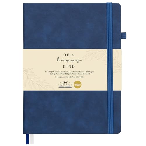 Classic Lined Journal Notebook 8.5x11" A4 Hardcover Leather - Blue - 200 Pages College Ruled Large with Sticky Tabs, Pockets, and Pen Loop for Writing and Journaling - Big Hardback Men and Women - color: Blue, size: A4 200 Pages