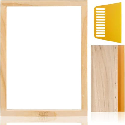 Caydo Screen Printing Frame with Screen Printing Squeegee for T-Shirts, Backpacks, Handbags DIY Printing, 10 x 14 Inch Wood Silk Screen with 110 White Mesh - size: 10 x 14 Inch