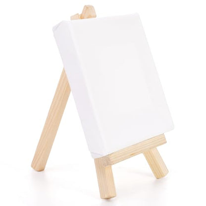 Tosnail 24 Pack 4" x 4" Mini Canvas and Easel Set, Small Art Easel Stand with Canvas Set, Tabletop Wooden Display Stand and Canvas Panels for Artist, Students, Adults, Kids Painting