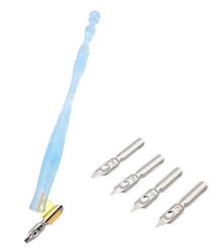Xiaoyu Calligraphy Oblique Nib Pen Holder, English Calligraphy Pen Nib Holder, Resin Dip Pen Handle Nib Holder with 5 Flat Nibs, Light Blue - color: Light Blue